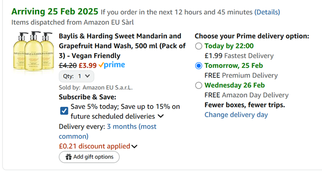 Screenshot showing Baylis & Harding Sweet Mandarin and Grapefruit Hand Wash, 500 ml (Pack of 3) for £3.99 at Amazon