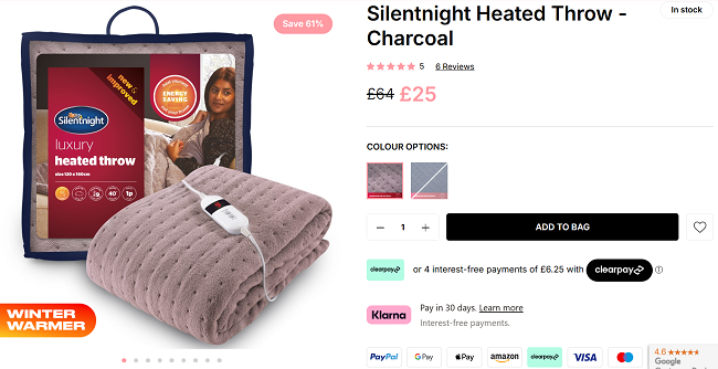 Screenshot showing Silentnight Luxury Heated Throw for £25 at Online Home Shop