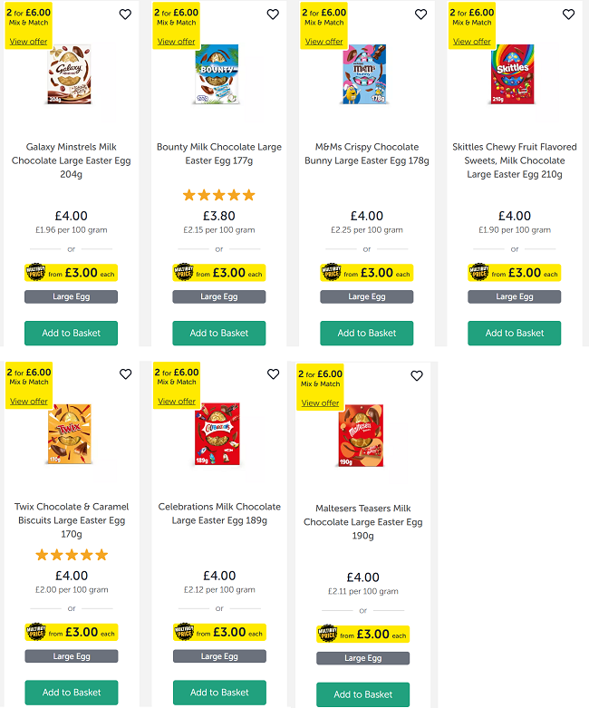 Screenshot showing 2 for £6 on selected Large Easter Eggs offer at Iceland