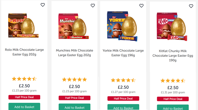 Screenshot showing Large Easter Eggs 1/2 Price at Iceland