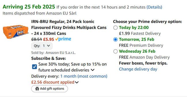 Screenshot showing IRN-BRU Regular 24 x 330ml Cans for £5.95 at Amazon