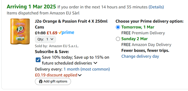 Screenshot showing J2O 4 pack for £1.69 at Amazon
