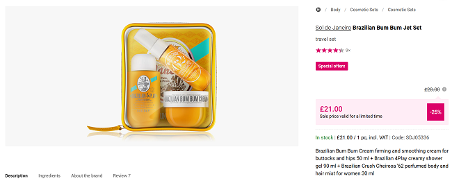 Screenshot showing Sol de Janeiro Brazilian Bum Bum Jet Set for £21 at Notino