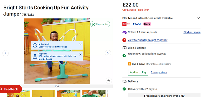 Screenshot showing Bright Starts Cooking Up Fun Activity Jumper for £22 at Argos
