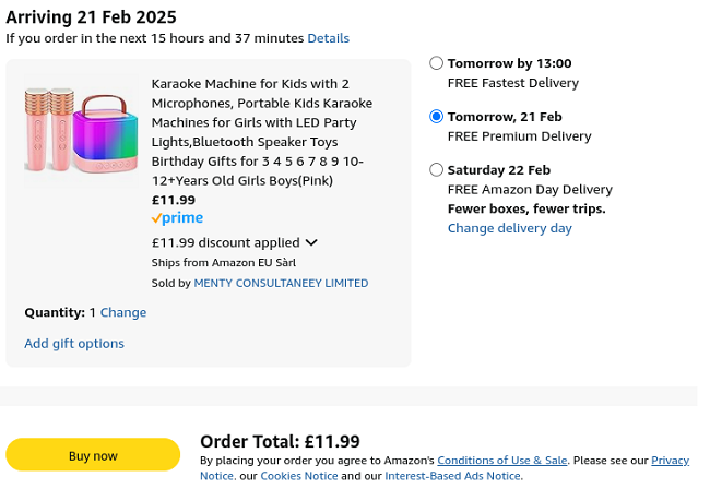 Screenshot showing Karaoke Machine with 2 Microphones for £11.99 with code at Amazon / Menty Consultaneey Limited