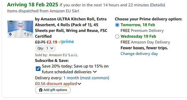 Screenshot showing by Amazon Ultra Kitchen Roll Extra Absorbent 4 Rolls for £2.19 @ Amazon