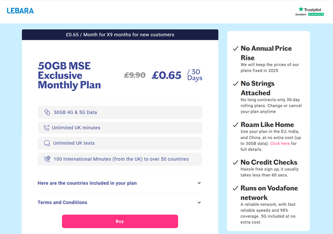 Screenshot showing Lebara 50GB Monthly Plan 65p per month for 9 months for new customers offer