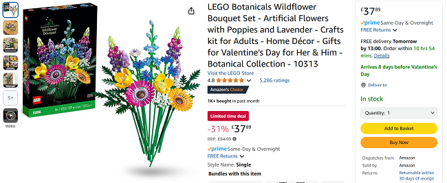 Screenshot showing LEGO Icons Wildflower Bouquet Flowers Set for £37.89 at Amazon