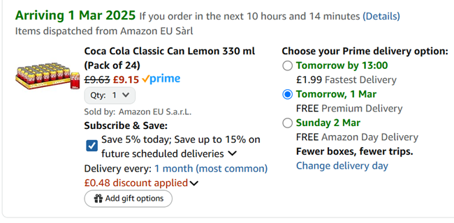 Screenshot showing Coca Cola Classic Can Lemon 330 ml (Pack of 24) for £9.15 at Amazon