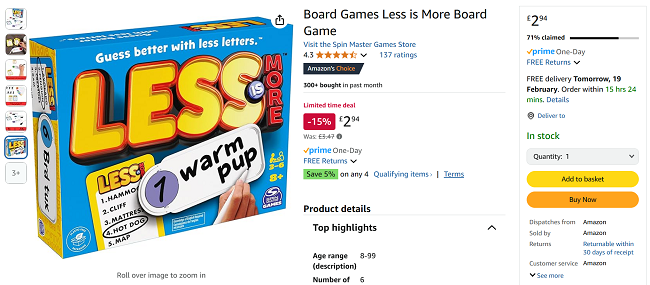 Screenshot showing Less is More Board Game for £2.94 at Amazon