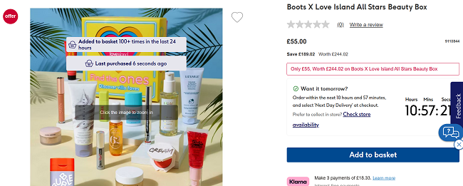Screenshot showing Boots X Love Island All Stars Beauty Box for £55 at Boots