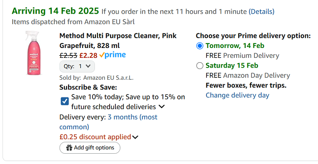 Screenshot showing Method Cleaning Spray for £2.28 at Amazon