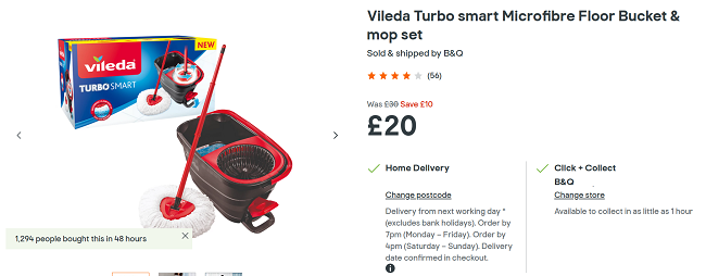 Screenshot showing Vileda Turbo Smart Microfibre Floor Bucket & Mop Set for £20 at B&Q