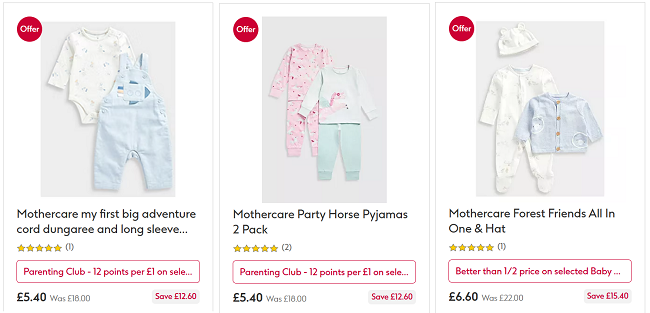 Screenshot showing Mothercare Clothing Sale items at Boots