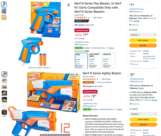 Screenshot showing reduced Nerf blasters at Amazon
