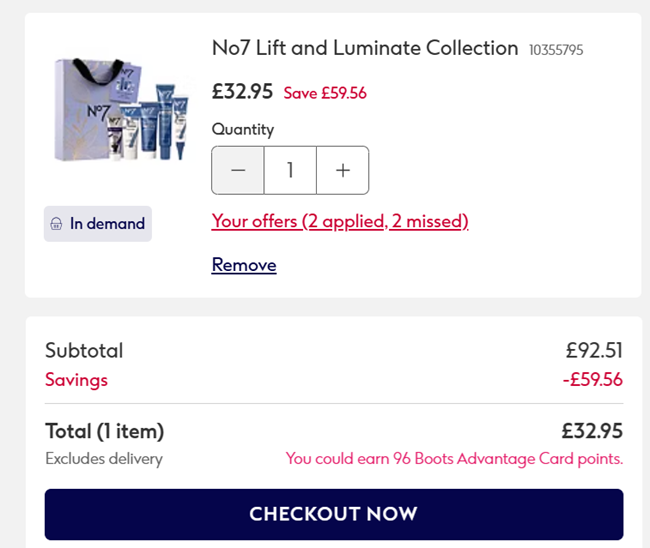 Screenshot showing No7 Lift & Luminate Gift Set for £32.95 at Boots