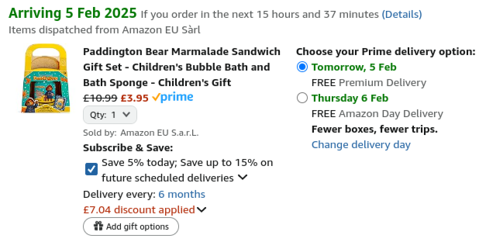 Screenshot showing Paddington Marmalade Sandwich Bubble Bath & Sponge Gift Set for £3.95 at Amazon