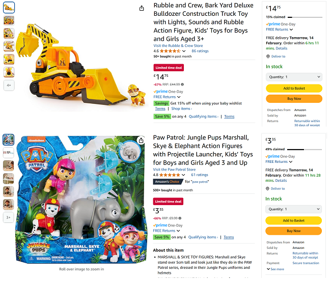 Screenshot showing reduced Paw Patrol toys at Amazon