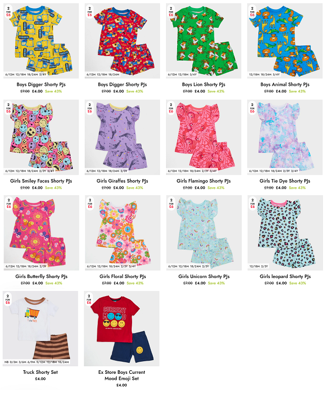 Screenshot showing 2 for £6 Kids Shorty Pyjamas offer at You Know Who's