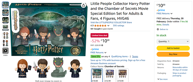 Screenshot showing Little People Collector Harry Potter and the Chamber of Secrets for £10 at Amazon