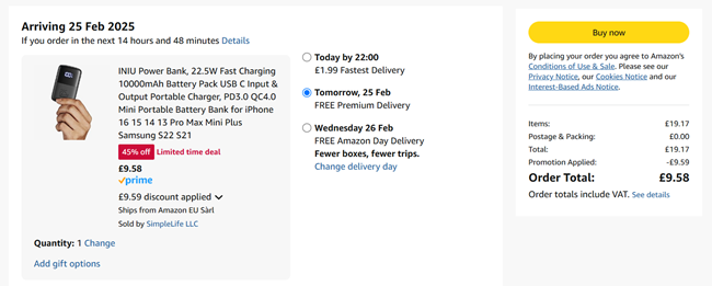 Screenshot showing INIU Power Bank for £9.58 at Amazon / SimpleLife LLC