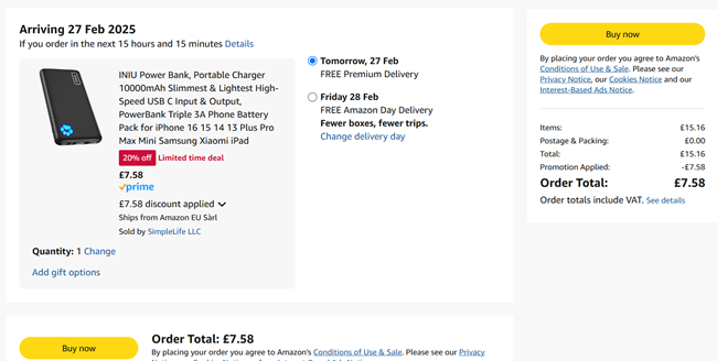 Screenshot showing INIU Power Bank for £7.58 with code at Amazon / SimpleLife LLC