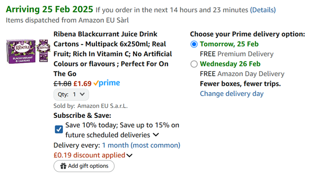 Screenshot showing Ribena Blackcurrant Juice Drink 250ml x 6 for £1.69 at Amazon