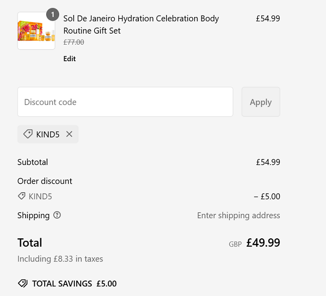 Screenshot showing Sol De Janeiro Hydration Celebration Body Routine Gift Set for £49.99 with code at Just My Look