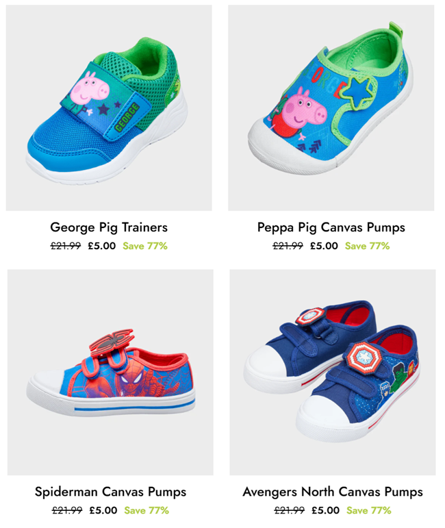 Screenshot showing Kids Character Shoes for £5 at You Know Who's