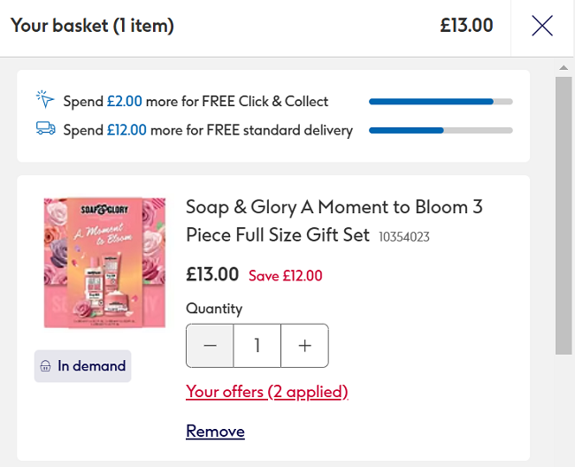Screenshot showing Soap & Glory A Moment to Bloom 3 Piece Full Size Gift Set for £13 at Boots