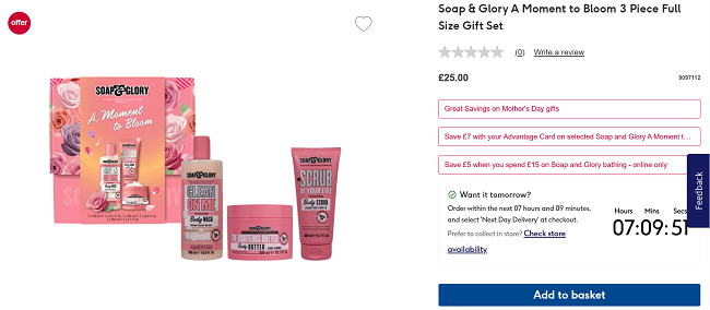 Screenshot showing Soap & Glory A Moment to Bloom 3 Piece Full Size Gift Set offers at Boots