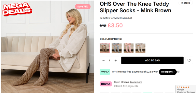 Screenshot showing over the knee teddy fleece slipper socks for £3.50 at Online Home Shop