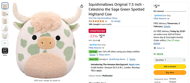 Screenshot showing Squishmallows Original 7.5 Inch Celestino the Sage Green Spotted Highland Cow for £5.99 at Amazon