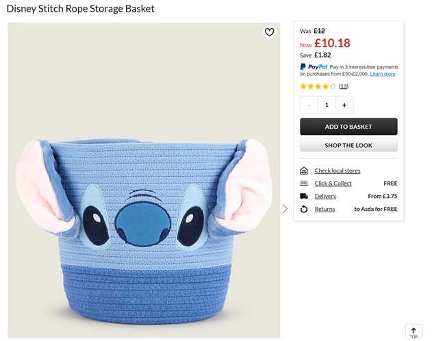 Screenshot showing Disney Stitch Rope Storage Basket reduced to £10.18 at Asda George