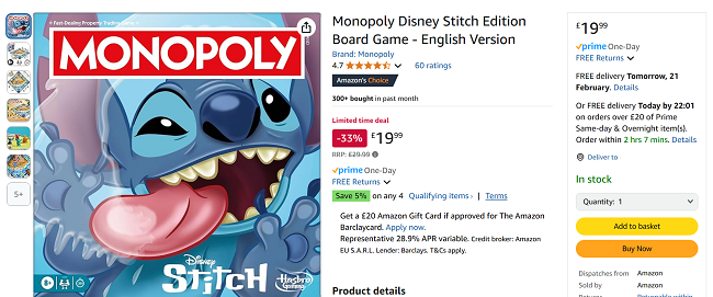 Screenshot showing Monopoly Disney Stitch Edition Board Game for £19.99 at Amazon