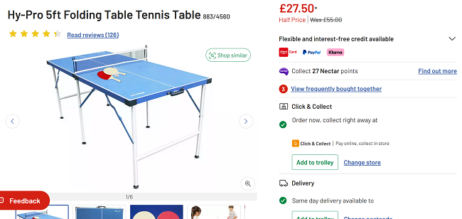 Screenshot showing Hy-Pro 5ft Folding Table Tennis Table for £27.50 at Argos