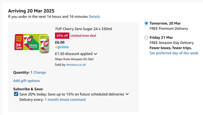 Screenshot showing 7UP Cherry Zero Sugar 24 x 330ml for £6 at Amazon
