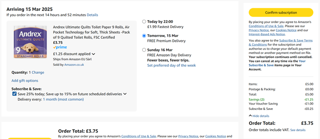 Screenshot showing Andrex Ultimate Quilts Toilet Paper 9 Rolls for £3.75 at Amazon