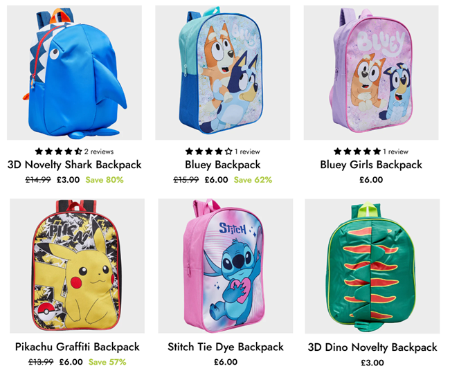 Screenshot showing kids backpacks at You Know Who's