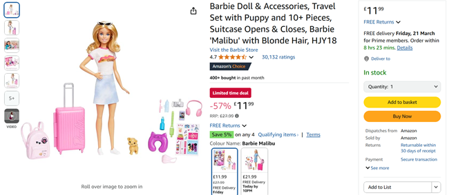 Screenshot showing Malibu Barbie Travel Doll & Accessories for £11.99 at Amazon