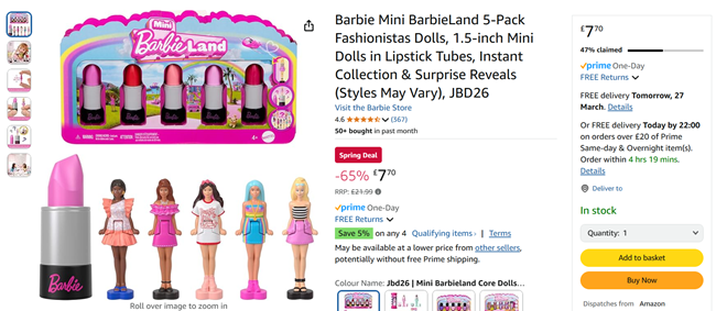 Screenshot showing Barbie Mini BarbieLand 5-Pack Fashionistas Dolls for £7.70 at Amazon