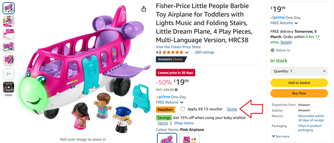 Screenshot showing Fisher-Price Little People Barbie Toy Airplane at Amazon