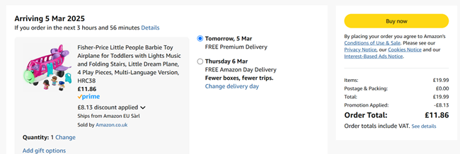 Screenshot showing Fisher-Price Little People Barbie Toy Airplane for £11.86 at Amazon