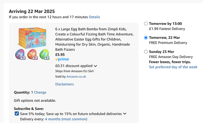 Screenshot showing Zimpli Kids 6 x Large Egg Bath Bombs for £5.95 at Amazon