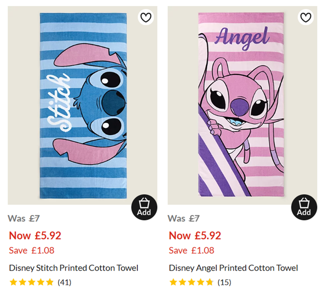 Screenshot showing Disney Stitch or Angel Beach Towels for £5.92 at Asda George