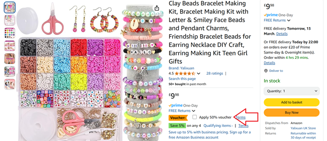 Screenshot showing Clay Beads Bracelet Making Kit at Amazon / Yalixuan UK Store