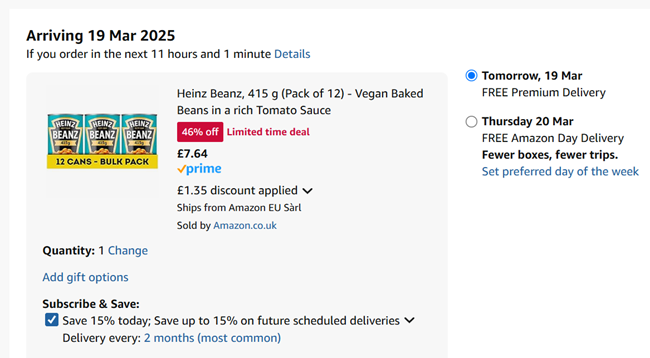 Screenshot showing Heinz Beanz 415g Pack of 12 for £7.64 at Amazon 