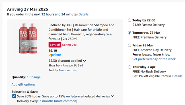 Screenshot showing Bedhead by TIGI Shampoo and Conditioner Set 2 x 750ml for £9.19 at Amazon
