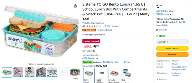 Screenshot showing Sistema To Go Bento Lunch Box With Snack Pot for £5.99 at Amazon