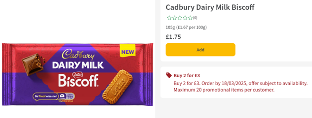 Screenshot showing Cadbury x Biscoff Chocolate Bar 2 for £3 at Morrisons